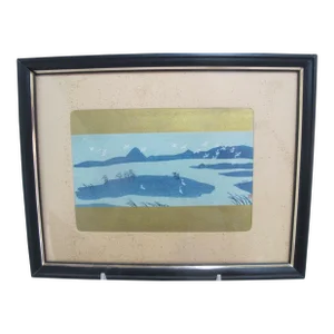 Japanese Blue Lake Water Birds Signed Framed Woodblock Print