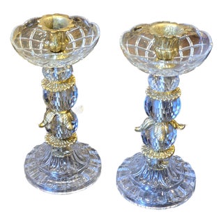 Elegant Brass Base Crystal Candlestick Holder For Sale