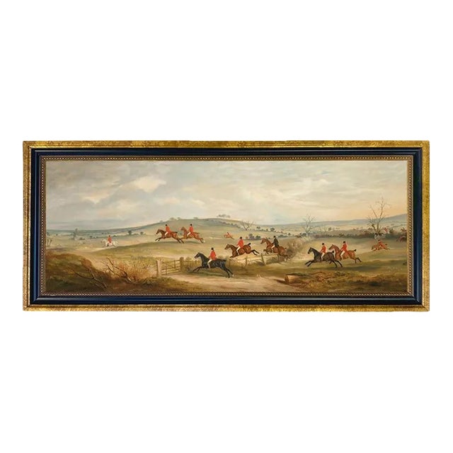Quorn Hunt in Full Cry Fox Hunt Scene Print on Canvas, Black & Gold Frame For Sale