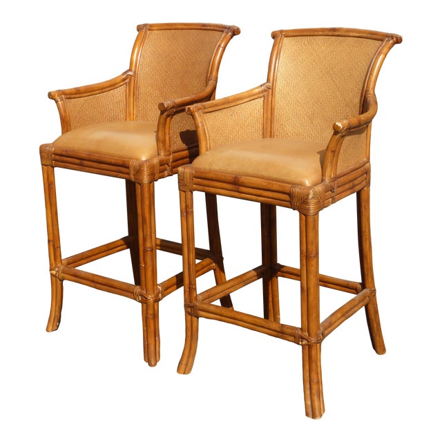 Pair Vintage Tiki Palm Beach Style Rattan & Brown Leather ...