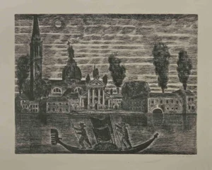 Gianpaolo Berto, Gondoliers in Venice, Etching, 1974