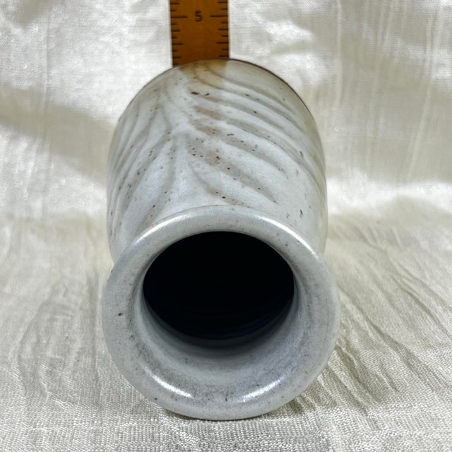 Late 20th Century Signed Fp Studio Pottery Vase Iridescent Glaze Carved 7” For Sale - Image 5 of 12