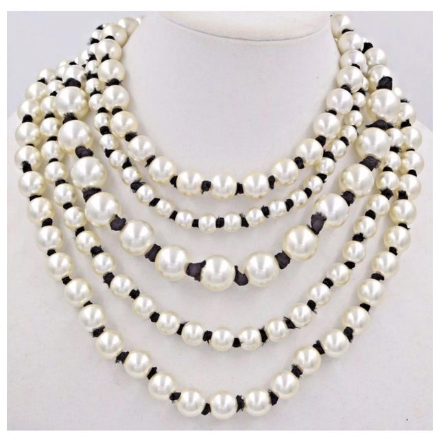 Chanel Necklace CC Logo 2016 20 28 in Faux Pearl Ribbon 5 Multi Rows White Black Ribbon For Sale - Image 10 of 11