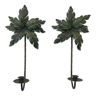 1970s Coastal Palm Beach Regency Tole Metal Palm Tree Wall Candle Holder Sconces - a Pair. For Sale