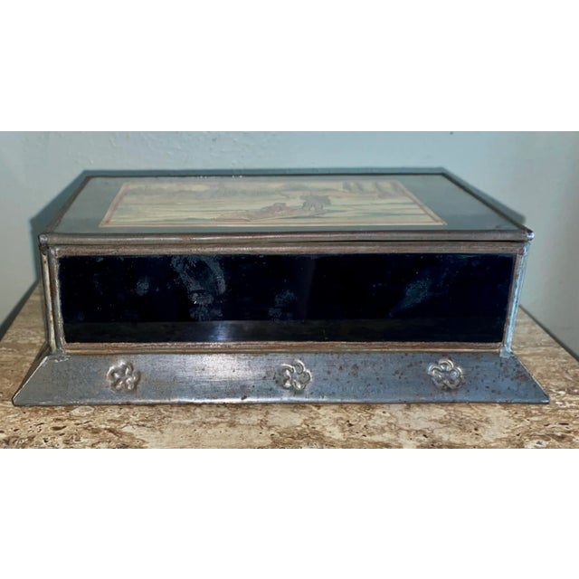 Mexican Rare Vintage Mexican Tin Box With Straw Mosaic Picture For Sale - Image 3 of 8