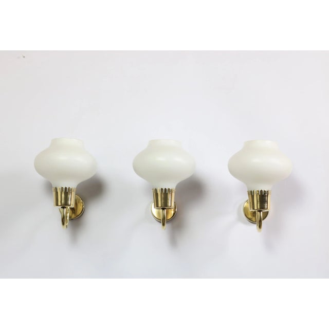 Metal Danish Modern Brass and Opaline Glass Sconces by Acton Bjorn, 1950s, Set of 3 For Sale - Image 7 of 12