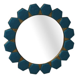 Art Deco Wall Mirror in Murano Blue Glass and Brass, 2000 For Sale