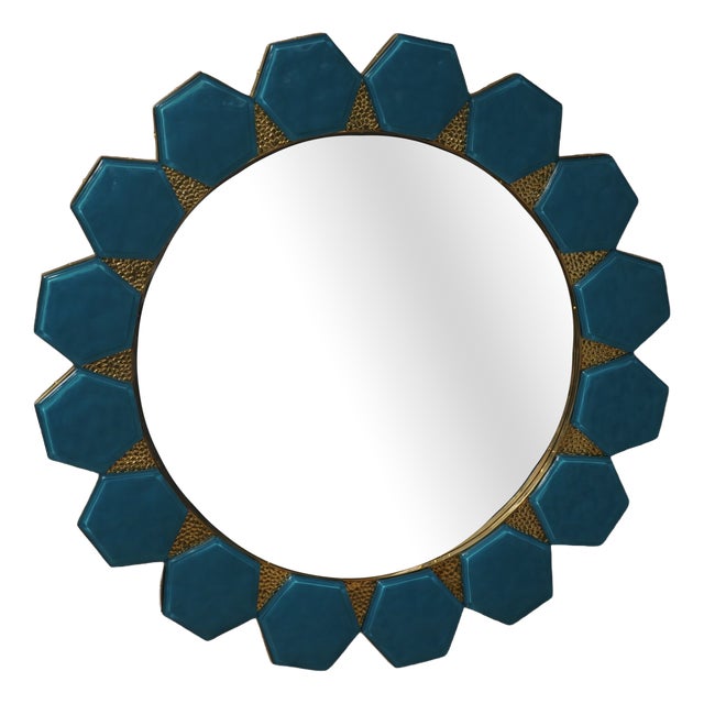 Art Deco Wall Mirror in Murano Blue Glass and Brass, 2000 For Sale