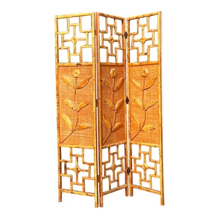 Vintage Coastal Woven Rattan Flowers Screen For Sale