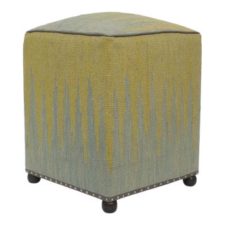 Modern Rudd Blue/Yellow Handmade Kilim Upholstered Ottoman For Sale