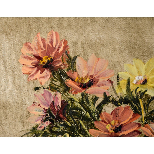 Impressionist Still Life With Pink and Yellow Flowers in Oil on Canvas For Sale - Image 3 of 7