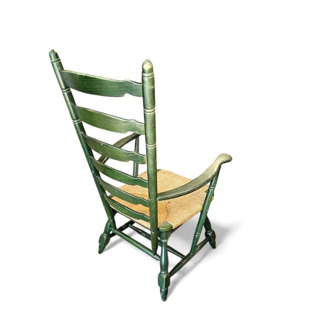 Vintage High Back Ladder Chair in Green Wood with Rush Seat For Sale - Image 9 of 15