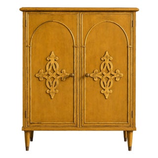 Vintage Mustard Lacquer Cabinet With Architectural Appliqué Doors For Sale