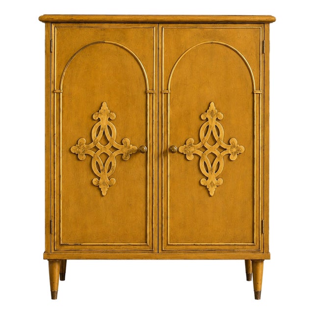 Vintage Mustard Lacquer Cabinet With Architectural Appliqué Doors For Sale