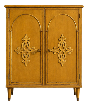 Vintage Mustard Lacquer Cabinet With Architectural Appliqué Doors