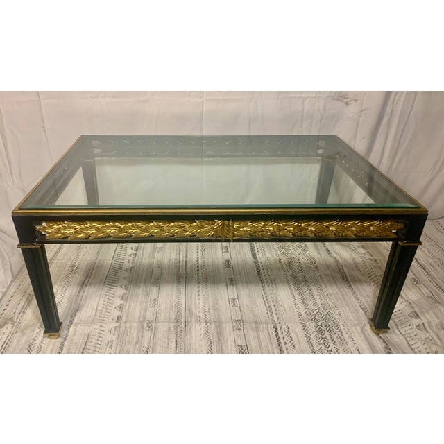 1950s Hollywood Regency Black Metal & Gilded Laurel Leaf Coffee Table With Beveled Glass For Sale In Los Angeles - Image 6 of 10