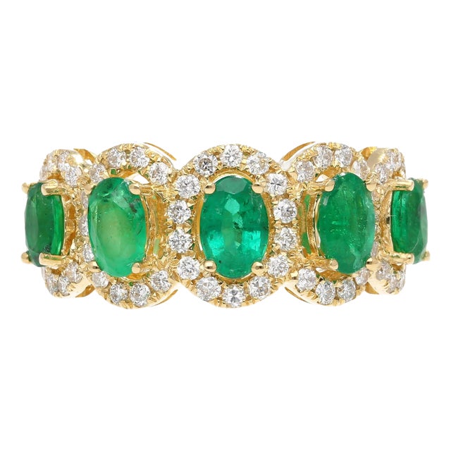 2.29 Carat Oval Cut Emerald and Diamond Wedding Band in 18K Gold For Sale