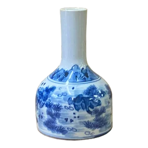 Chinese Blue White Porcelain Fat Base Fishes Graphic Small Vase - Set of 2