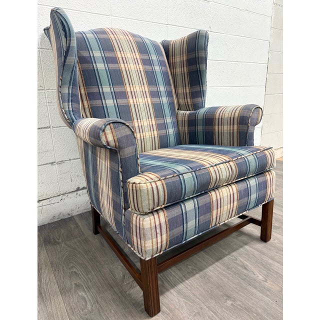 Late 20th Century Vintage Wingback Plaid Upholstered Armchair For Sale - Image 5 of 11