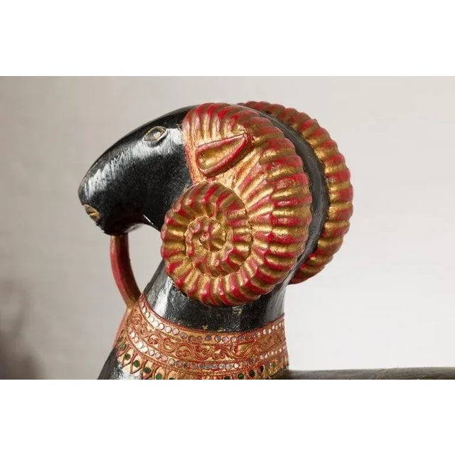 Vintage Northern Thai Double Ram Painted Sculpture with Gilt & Jewelry Motifs For Sale - Image 10 of 13