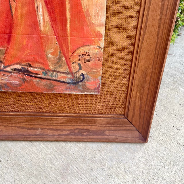 Large Mid Century Modern Ship Art w Orange Background signed Juanita Bowlin ‘63 The colors, the frame, the woven mat. Well...