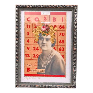 Signed Patti Gibbons Mixed Media Collage Bingo Card Victorian Woman Flowers
