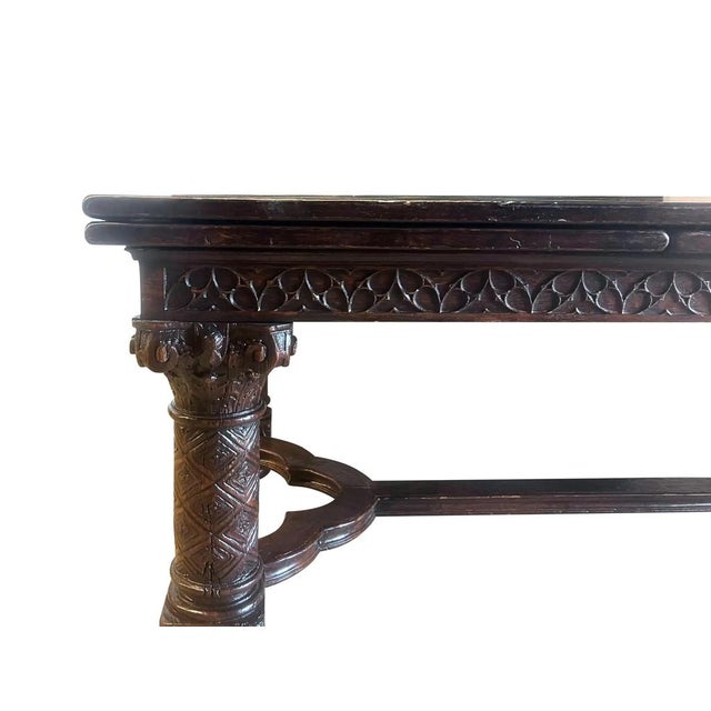 Wood Gothic Revival Oak Draw Leaf Dining Table For Sale - Image 7 of 16