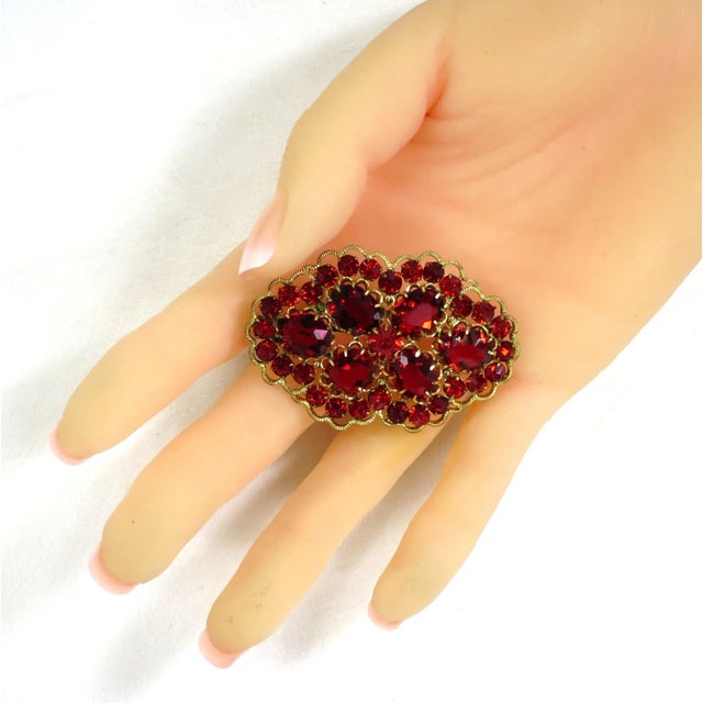 Metal Vintage Czech Gilded Ruby Crystal Brooch 1920s For Sale - Image 7 of 7