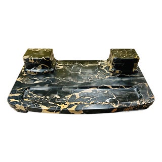 Italian Art Deco Portoro Marble Double Inkwell Desk Set, Early 20th Century For Sale