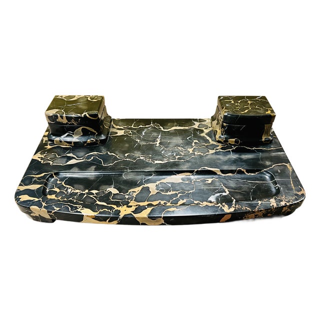Italian Art Deco Portoro Marble Double Inkwell Desk Set, Early 20th Century For Sale