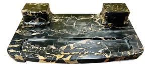 Italian Art Deco Portoro Marble Double Inkwell Desk Set, Early 20th Century