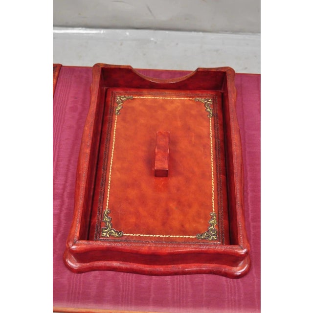 Vintage Italian Hollywood Regency Red Tooled Leather Gold Gilt 3 Pc Desk Set For Sale - Image 12 of 12