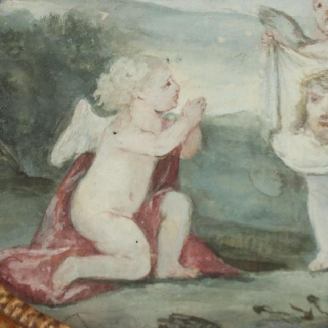 Cherubs and Symbols of the Passion, 18th Century, Oil Paintings on Paper, Framed, Set of 2 For Sale - Image 5 of 12