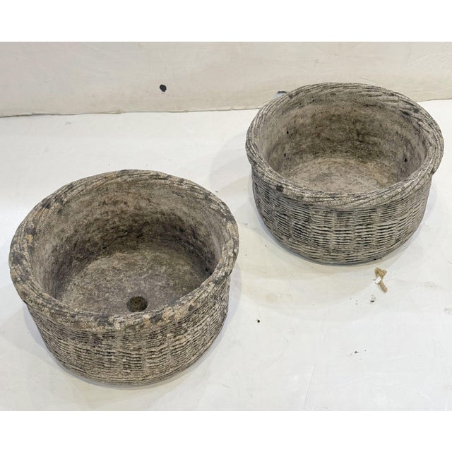 Stone English Basket-Weave Style Garden Stone Round Planter Pots - Two Available For Sale - Image 7 of 10