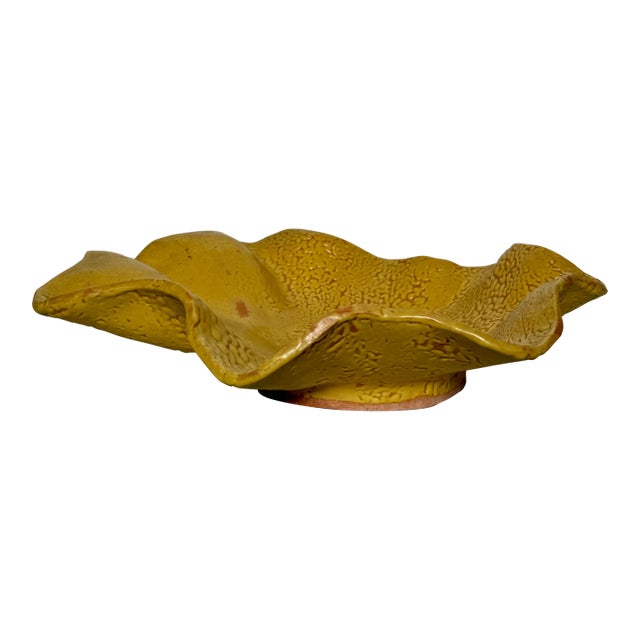 Vintage Organic Modern Studio Pottery Terra Cotta Decorative Bowl, Canary Yellow For Sale