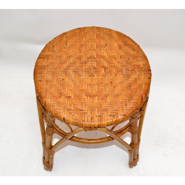 Mid-Century Modern Vintage Bohemian Blonde Bamboo and Rattan Stool For Sale - Image 3 of 13