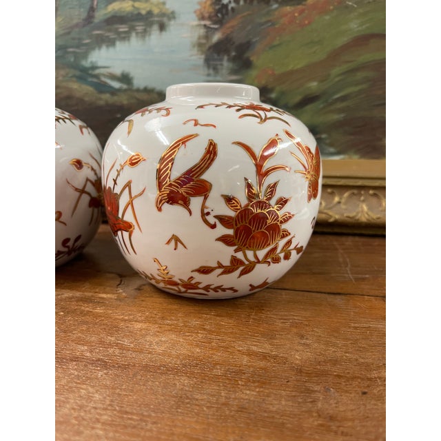 Ceramic Pair of Vintage Japanese Porcelain Vases With Gilt Bird and Floral Decoration, Decorated in Hong Kong For Sale - Image 7 of 11