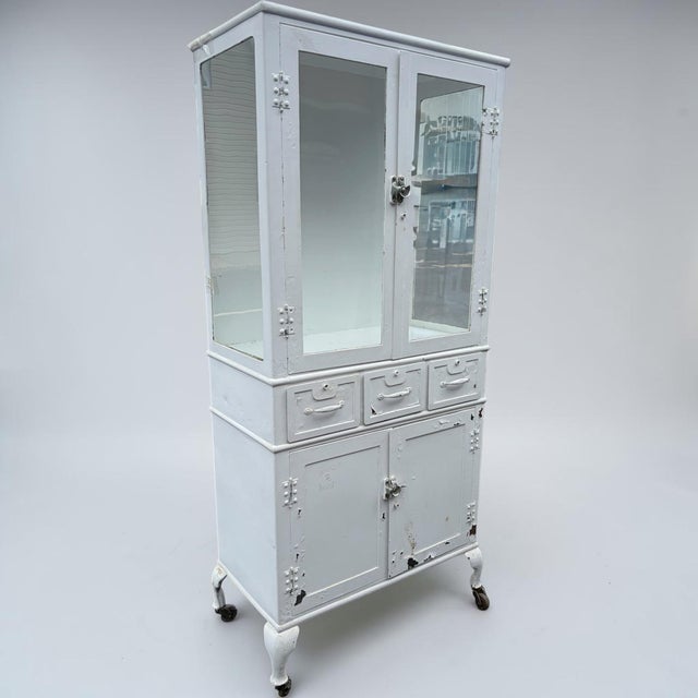 Shabby Chic Antique Steel Industrial Medical Dental Display Cabinet For Sale - Image 3 of 10