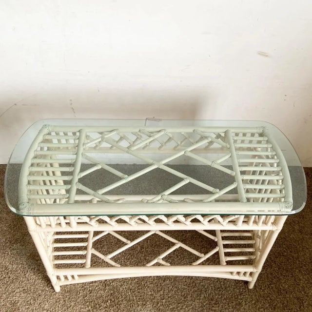 1980s Boho Chic Bamboo Rattan Glass Top Console Table For Sale - Image 5 of 10