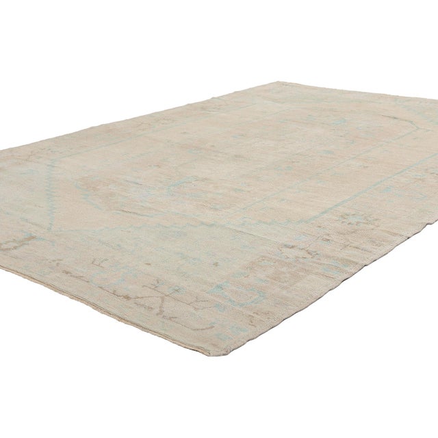 52967 Vintage Turkish Oushak Rug, 05'09 x 08'10. The Sandstone Reverence: A Vintage Turkish Oushak Masterpiece of Quiet...