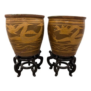 Exceptional Pair Monumental Chinese Dragon Jardinieres Celadon Glaze Chinoiserie Egg Art Pottery Urns With Stand and Glass Top, a Pair For Sale
