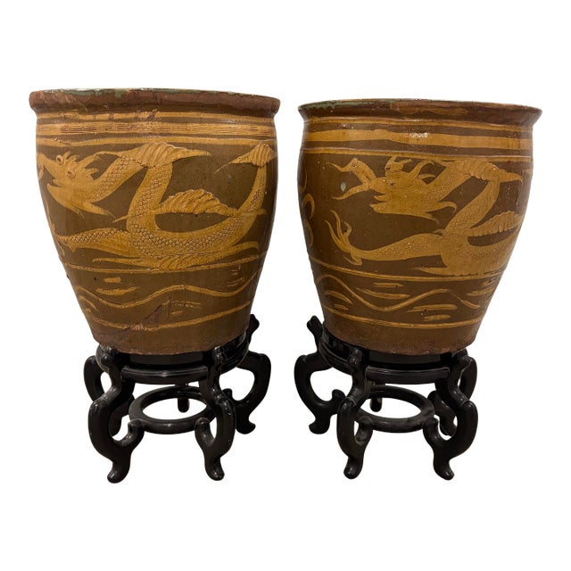 Exceptional Pair Monumental Chinese Dragon Jardinieres Celadon Glaze Chinoiserie Egg Art Pottery Urns With Stand and Glass Top, a Pair For Sale