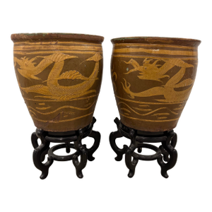 Exceptional Pair Monumental Chinese Dragon Jardinieres Celadon Glaze Chinoiserie Egg Art Pottery Urns With Stand and Glass Top, a Pair