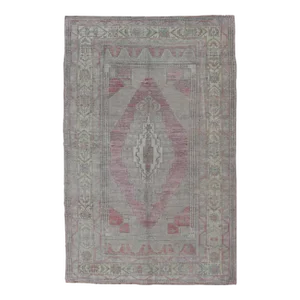 Mid 20th Century Vintage Turkish Oushak Rug With Layered Medallion Design in Light Pink and Cream