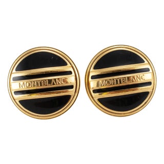 Men’s Retired Montblanc Gold Plated Black Enamel Round Cufflinks, Pair For Sale