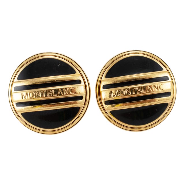 Men’s Retired Montblanc Gold Plated Black Enamel Round Cufflinks, Pair For Sale