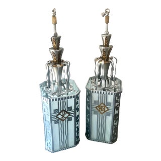 Pair of Vintage 1920’s Extra Large Art Deco SkyScraper Pendant Lamps, Stainless Steel and Frosted Fluted Glass For Sale