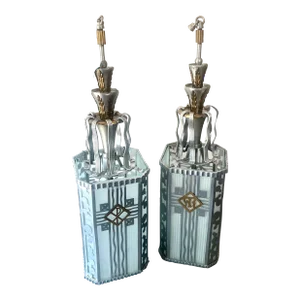 Pair of Vintage 1920’s Extra Large Art Deco SkyScraper Pendant Lamps, Stainless Steel and Frosted Fluted Glass