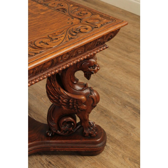 Antique Renaissance Revival Griffin Carved Oak Writing Desk or Library Table Attributed to RJ Horner For Sale - Image 10 of 13