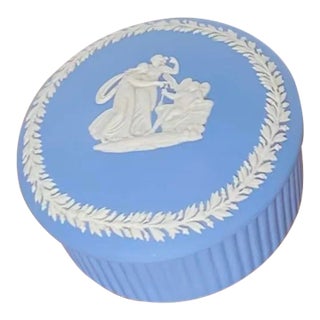 Mid 20th Century Wedgwood Jasperware Pale Blue Round Fluted Box With Lid, Cupid Asleep For Sale